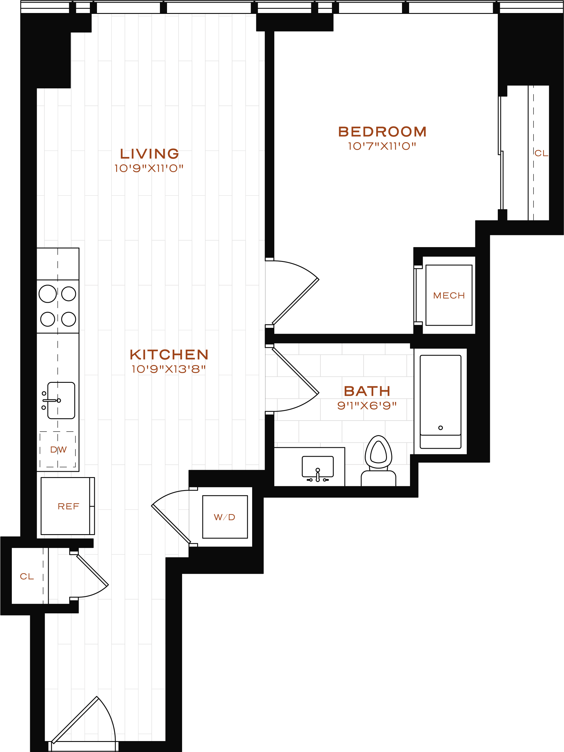Rendering of the 1 Bed-1 Bath-T-8a Floor Plan